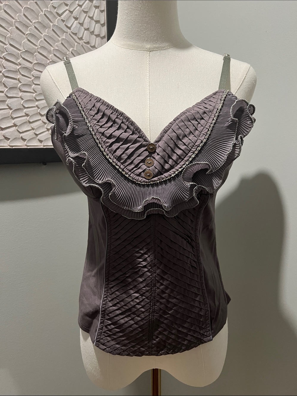 Pleated Ruffle V-Neck Cami Top in Dusty Mauve